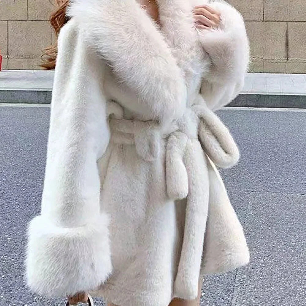 White Casual Women's Long Sleeve Faux Fur Collar Tie-Waist Faux Fur Jacket - Picture 5 of 6